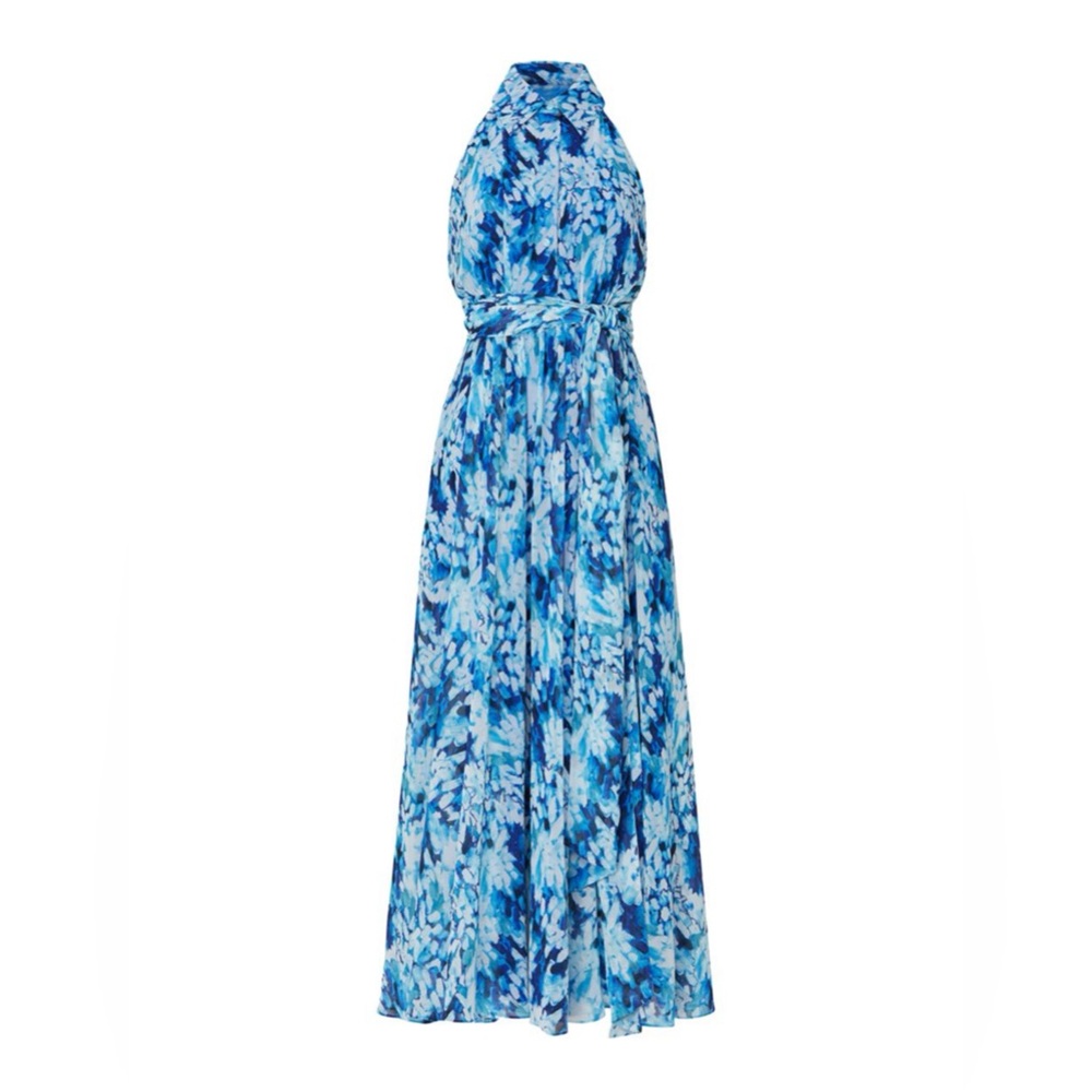 BADGLEY MISCHKA Blue Floral Print Halter Chiffon Maxi Shirt-Dress Gown 20 US